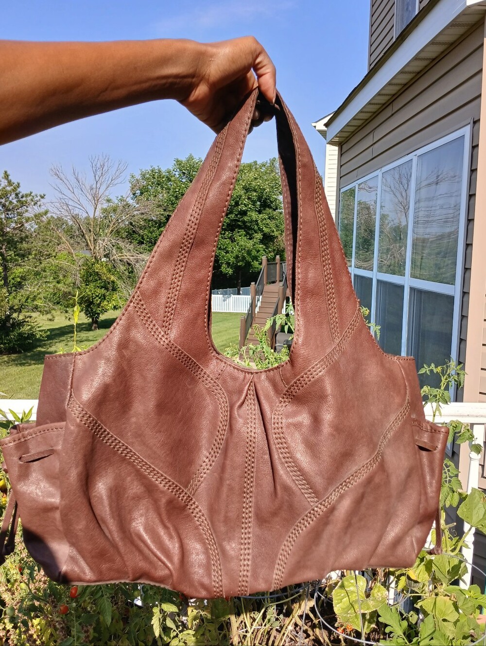 Lucky Brand Brown 100% Cow Hide Leather Braided Stitch Shoulder Tote